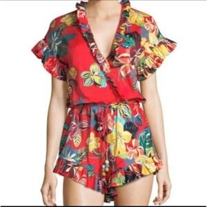 Alexis Faine Ruffle Red Floral Print Cotton V- Neck Romper XSmall- Tropical